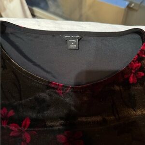 Ann Taylor Black Velvet Top with Red Floral Pattern